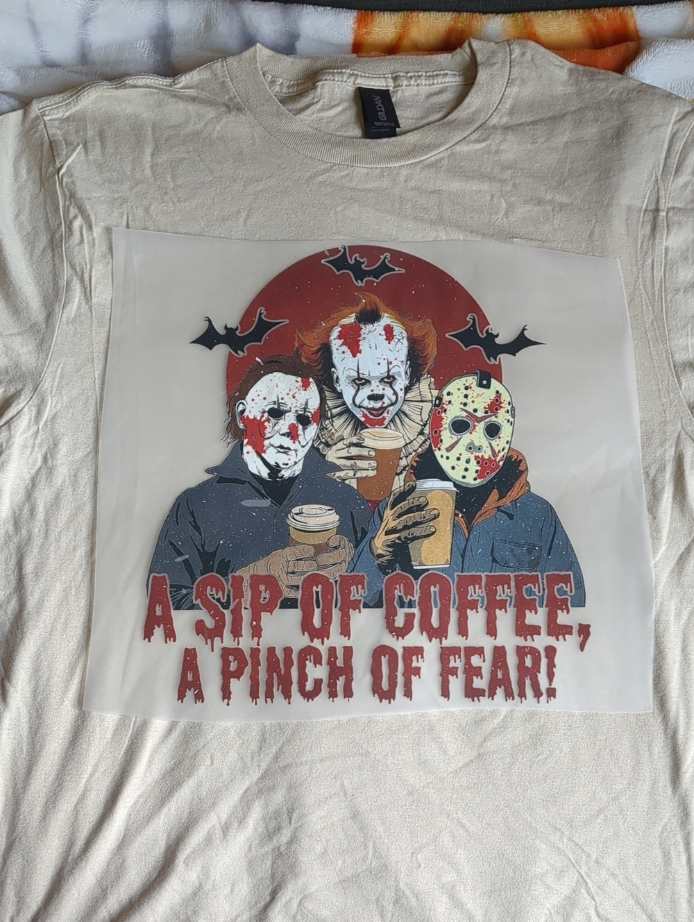 Halloween Graphic Horror Tee - Cream Unisex Shirt with Coffee Design